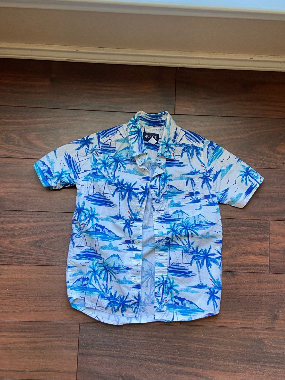 PLACE BLUE PALM TREES ISLAND NOVELTY PRINT BUTTON FRONT SHORT SLEEVE SHIRT BOY 5